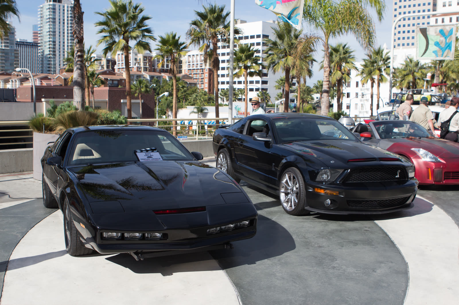 The 1982 Trans Am KITT and the 2008 Shelby GT500KR KITT parked side by side
