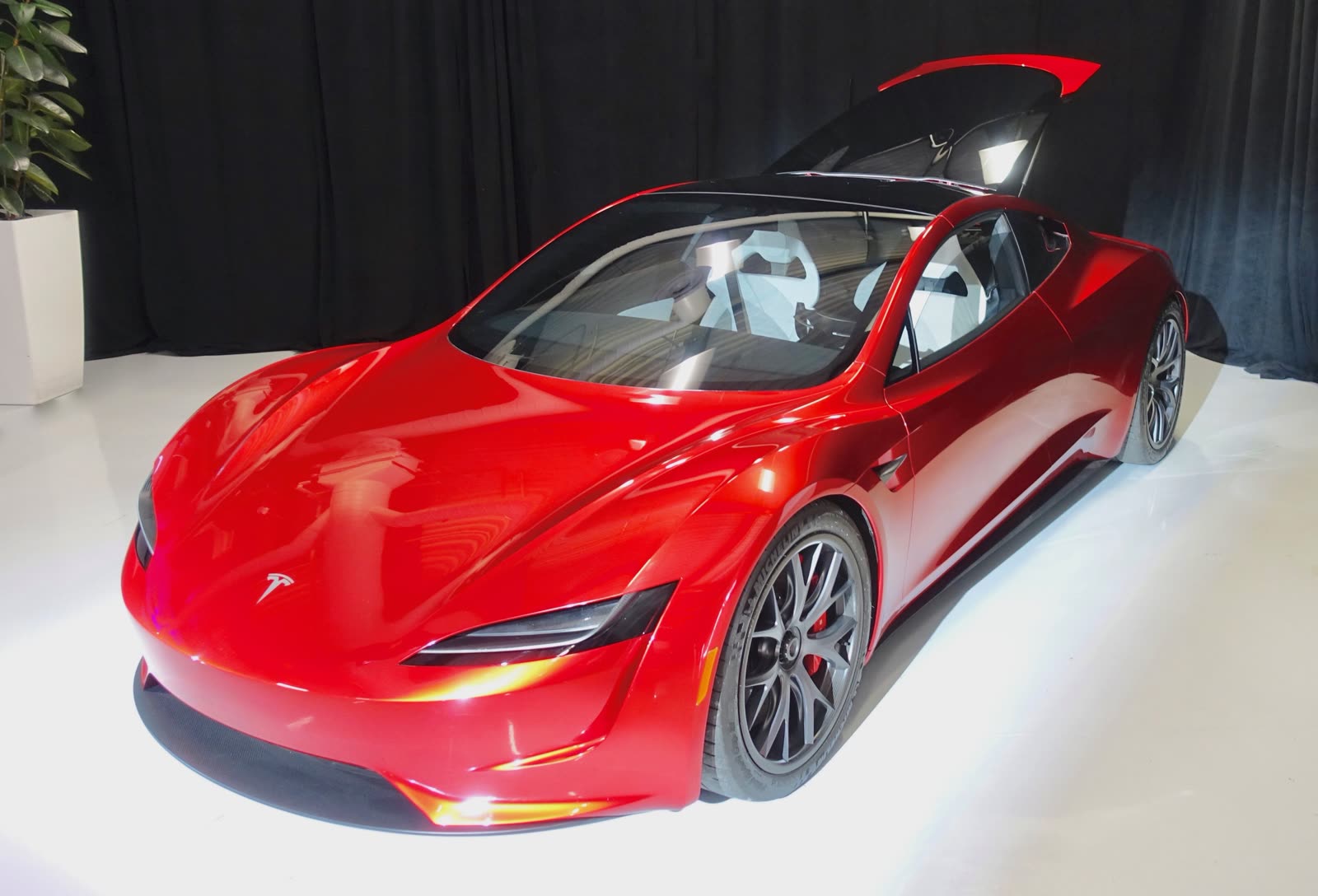 Red Tesla Roadster prototype, front three-quarter view